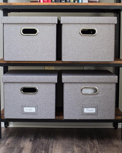 Internet's Best Collapsible File Storage Organizer with Lid - Decorative Linen Filing & Storage Office Box – Hanging Letter/Legal Folder – Home Office Bins Cabinet – Grey Container - 4 Pack