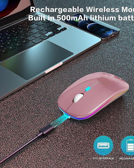Wireless Bluetooth Mouse Rechargeable Laptop Mice with LED Use Portable(BT5.2 and USB 2.4G) Dual Mode Connection Silent Slim Computer Mouse for Laptop/iPad Tablet/Apple MacBook/PC (Rose Gold)