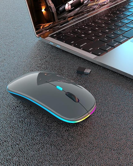 Wireless Bluetooth Mouse Rechargeable Laptop Mice with LED Use Portable(BT5.2 and USB 2.4G) Dual Mode Connection Silent Slim Computer Mouse for Laptop/iPad Tablet/Apple MacBook/PC(Grey)
