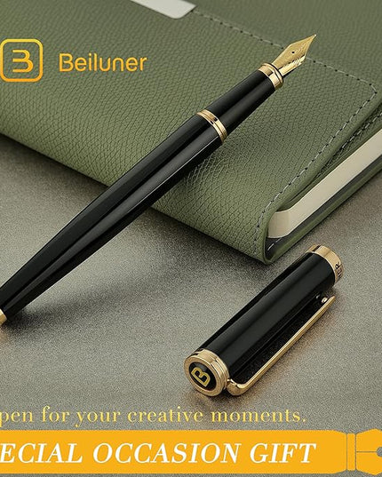 BEILUNER Black Fountain Pen,Stunning Luxury Pens with 24K Gold Accents, Gorgeous 24K Gilded Nib(Fine), Trustworthy Pen Gift for Men&Women -Ink Converter-Elegant, Reliable,Fancy Pen for Writing