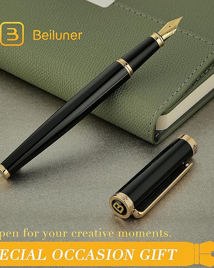 BEILUNER Black Fountain Pen,Stunning Luxury Pens with 24K Gold Accents, Gorgeous 24K Gilded Nib(Extra Fine), Fancy Pen Gift for Men&Women -Ink Converter-Elegant, Reliable,Christmas Presents, Nice Pen