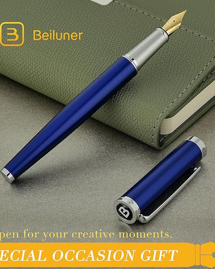 BEILUNER Luxury Fountain Pen Set,Solid 24K Gilded Medium Nib, Modern Classic Limited Edition -Includes 6 Ink Cartridges&Ink Refill Converter with Gift Case-Perfect for Men and Women（Charming blue）