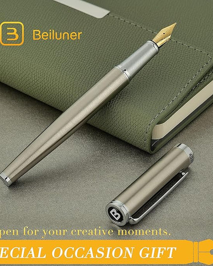 BEILUNER Luxury Fountain Pen Set, Solid 24K Gilded Medium Nib, Silver Stainless Steel Body- Includes 6 Ink Cartridges & Ink Refill Converter with Gift Case - Nice pen for Men and Women
