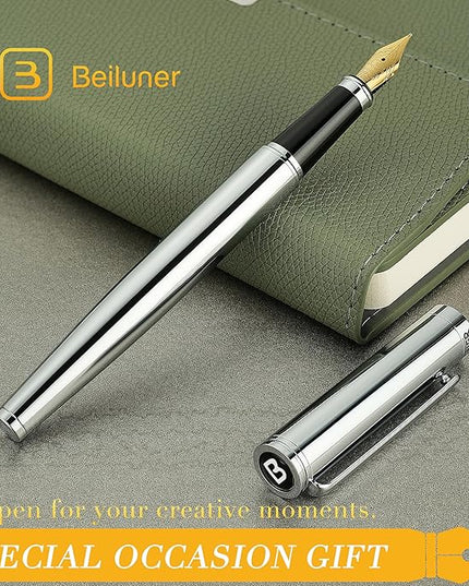 BEILUNER Silver Fountain Pen,Stunning Luxury Pens with Bright Silver Chrome, Gorgeous 24K Gilded Nib(Medium), Fancy Pen Gift for Men&Women -Ink Converter-Elegant, Office,Nice Pen for Writing