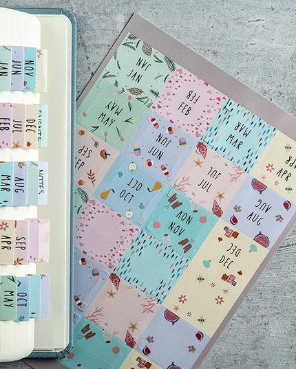 DiverseBee Laminated Planner Monthly Tabs, 24 Peel and Stick Tabs for Notebooks (12 Month Tabs and 12 Blank Tabs), Calendar Monthly Tab Stickers/Dividers (Assorted), Medium