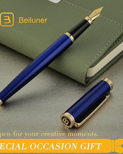 BEILUNER Blue Fountain Pen,Stunning Luxury Pens with 24K Gold Accents, Gorgeous 24K Gilded Nib(Extra Fine), Fancy Pen Gift for Men&Women -Ink Converter-Elegant, Reliable,Graduation Presents, Nice Pen
