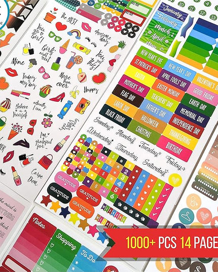 Vladi Creative Planner Stickers - 1054 Pieces, 15 Sheets, Decorative & Productivity-Boosting Colorful Stickers for Journals, Calendars, Scrapbooking, Time Management, & DIY Planner Decoration