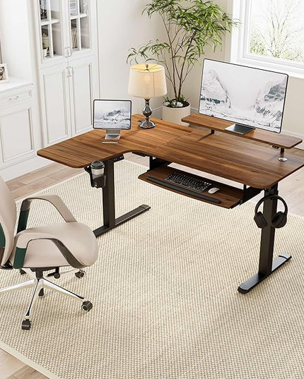 EUREKA ERGONOMIC Standing Desk Electric Adjustable Height (61"x43") Computer Desk with Keyboard Tray, Sit Stand Desk L Shaped Desk for Work/Home Office,Dual Motor,Memory Presets,2 USB/RGB,Walnut/Left