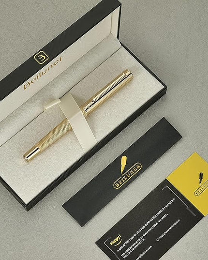 BEILUNER Lighthouse Series Rollerball Pen, 24K Gold Finish Pen Body, Exquisite Vertical Lines, Schneider 850 Refill, Nice Pen Gift Set for Men & Women, Office, Executive and Fancy Designer Pens (Gold)