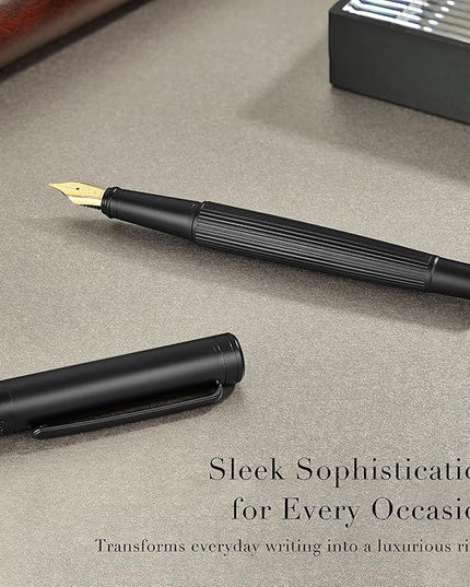 MCNTEIK Matte Black Fountain Pen, Exquisite Vertical Grooving Design, Ink Converter, 18K Gilded Nib (Extra Fine), Fancy Gift Set for Men & Women, Office, Smooth Writing Calligraphy Pens