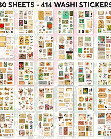 FAYWARE Vintage Washi Stickers for Journaling - Ephemera Book for Journaling with 414 Stickers & 20 Scrapbook Papers. Junk Journal Supplies, Scrapbooking Supplies