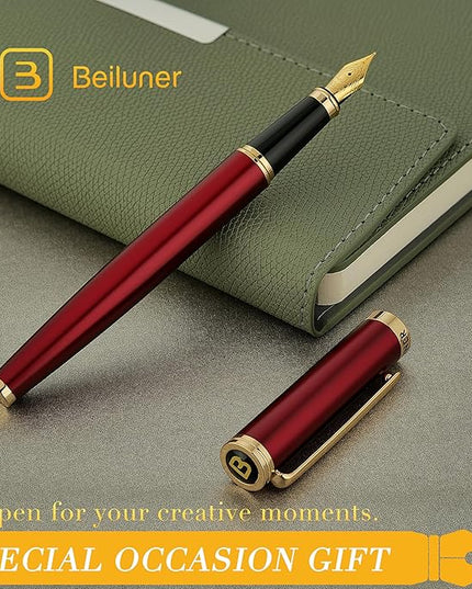 BEILUNER Red Fountain Pen,Stunning Luxury Pens with 24K Gold Finish, Gorgeous 24K Gilded Nib(Fine), Trustworthy Pen Gift for Men&Women -Ink Converter-Elegant,Graduation,Office,Nice Pen for Writing