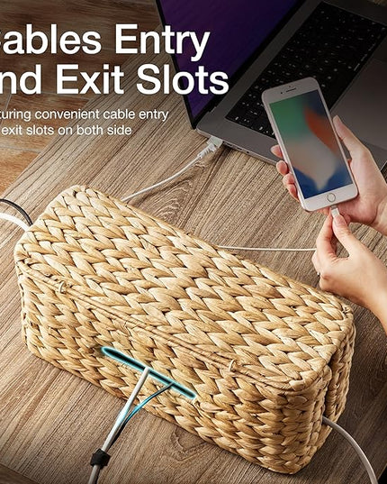 Tidita Wicker Cable Management Box with Lid - 15 inch Cable Organizer Box and Power Strip Box for Electrical Cord Management - Desk Cord Hider and Floor Cable Management for Office (Natural Color, 1)