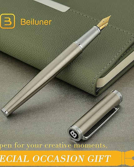 BEILUNER Luxury Fountain Pen Set, Solid 24K Gilded Fine Nib, Silver Stainless Steel Body- Includes 6 Ink Cartridges & Ink Refill Converter with Gift Case - Perfect for Men and Women