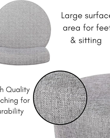 BIRDROCK HOME Linen Chair w/Back - Small Padded Footrest - Compact Round Ottoman Foot Stool - Living Room, Office, Dorm Chair - Upholstered Soft Seating - Black Metal Legs - Couch, Desk, Sofa - Grey