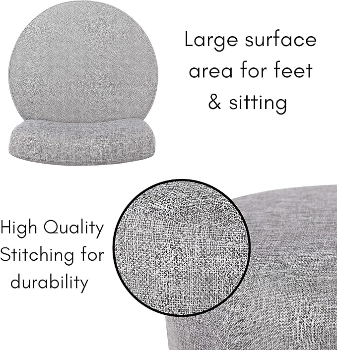 BIRDROCK HOME Linen Chair w/Back - Small Padded Footrest - Compact Round Ottoman Foot Stool - Living Room, Office, Dorm Chair - Upholstered Soft Seating - Black Metal Legs - Couch, Desk, Sofa - Grey