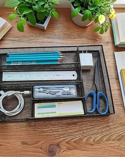 Desk Drawer Organizer Metal Mesh Drawer Organizer Tray for Office School or Home Supplies Desktop Storage Stationery，6 Compartments, 12.6 x 8.27 x 1.57 inch，Black (1pc pack)