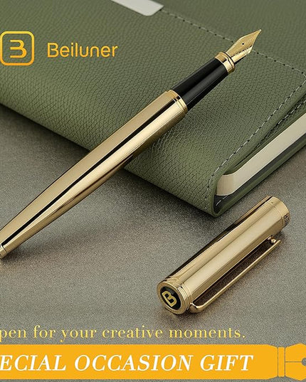 BEILUNER Gold Fountain Pen,Stunning Luxury Pens with 24K Gold Finish, Gorgeous 24K Gilded Nib(Medium), Fancy Pen Gift Set for Men&Women -Ink Converter-Elegant,Office,Nice Pen for Writing