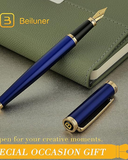 BEILUNER Blue Fountain Pen,Stunning Luxury Pens with 24K Gold Finish, Gorgeous 24K Gilded Nib(Fine), Trustworthy Pen Gift for Men&Women -Ink Converter-Elegant, Graduation,Nice Pen for Writing
