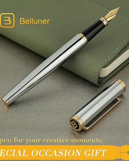 BEILUNER Silver Chrome Fountain Pen,Stunning Luxury with 24K Gold Accents, Gorgeous 24K Gilded Nib(Fine), Trustworthy Pen Gift for Men&Women -Ink Converter-Elegant, Graduation,Nice Pen for Writing