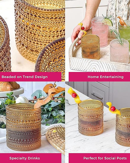 Kate Aspen Beaded Amber Drinking Glasses Set of 6-10 oz Vintage Glassware Set Jupiter Glasses, Cocktail Glass Set, Juice Glass, Water Cups Hostess Gift, Present, Gift for Newlyweds