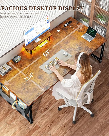 63 Inch Desk with Power Outlets & Storage Bag, Computer Desk with Monitor Stand, 0.95 Inch Thicker Desktop of Office Desk with Light, Writing Desk for Home Office, Study, Bedroom, Brown