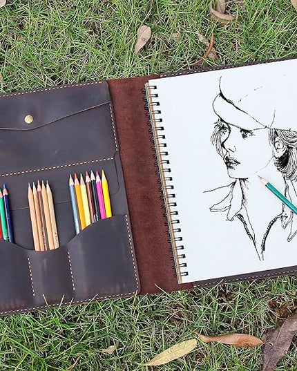 Robrasim Handmade Leather Sketchbook Cover, Artist Sketch Pad Holder for 9"X12" Sketchbook, Drawing Book and Pencil Case, Journal Notebook Portfolio with Shoulder Strap, Artist Gifts, Coffee