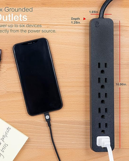 GE Pro 6-Outlet Surge Protector, 8 Ft Extension Cord, 1560 Joules, Power Strip, Flat Plug, Integrated Circuit Breaker, Wall Mount, UL Listed, Black, 37052