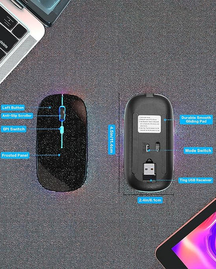 Wireless Bluetooth Mouse Rechargeable Laptop Mice with LED Use Portable(BT5.2 and USB 2.4G) Dual Mode Connection Silent Slim Computer Mouse for Laptop/iPad Tablet/Apple MacBook/PC(Black Pearl)