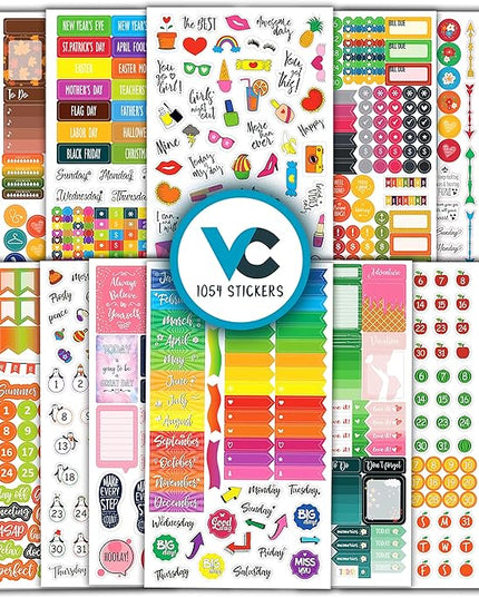 Vladi Creative Planner Stickers - 1054 Pieces, 15 Sheets, Decorative & Productivity-Boosting Colorful Stickers for Journals, Calendars, Scrapbooking, Time Management, & DIY Planner Decoration