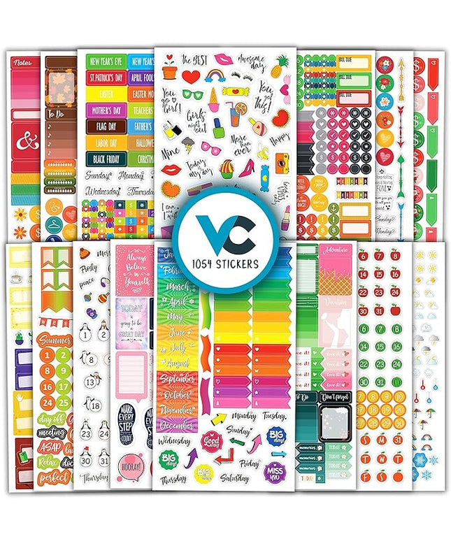 Vladi Creative Planner Stickers - 1054 Pieces, 15 Sheets, Decorative & Productivity-Boosting Colorful Stickers for Journals, Calendars, Scrapbooking, Time Management, & DIY Planner Decoration