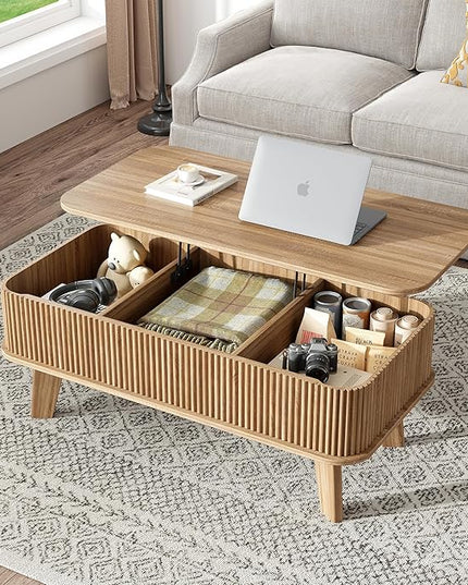 LCVTND Fluted Lift Top Coffee Table with Storage, Modern Wood Coffee Table Retro Center Table with Hidden Lifting Table Top Compartment for Living Room, Home, Office, Natural