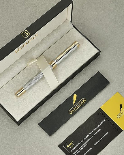BEILUNER Lighthouse series Rollerball pen, Silver Chrome pen body, exquisite vertical lines, Schneider 850 refill, suitable for men, office, professionals, exquisite and chic designer pen