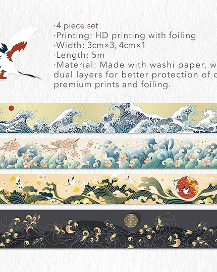 WT Waves of Rebun Washi Tape Set, 4 Rolls, Gold Foil, Decorative Masking Tape, Bujo Planner Supplies, DIY Crafts Tape, Adhesive Wrapping Tape, Paper Tape, Journaling Gifts
