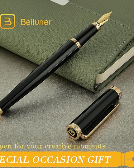 BEILUNER Black Fountain Pen,Stunning Luxury Pens with 24K Gold Accents, Gorgeous 24K Gilded Nib(Medium), Trustworthy Pen Gift for Men&Women -Ink Converter-Elegant, Reliable,Nice Pen for Writing