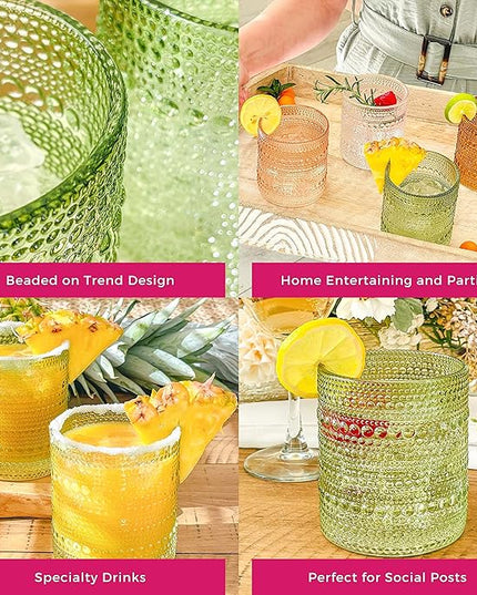 Kate Aspen Sage Green Hobnail Beaded Drinking Glasses Set of 6-10 oz Vintage Glassware, Holiday Entertaining Drinkware, Water & Cocktail Glasses - Great Christmas or Hostess Gift
