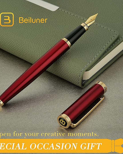 BEILUNER Red Fountain Pen,Stunning Luxury Pens with 24K Gold Finish, Gorgeous 24K Gilded Nib(Medium), Fancy Pen Gift for Men&Women -Ink Converter-Elegant,Professional,Office,Nice Pen for Writing