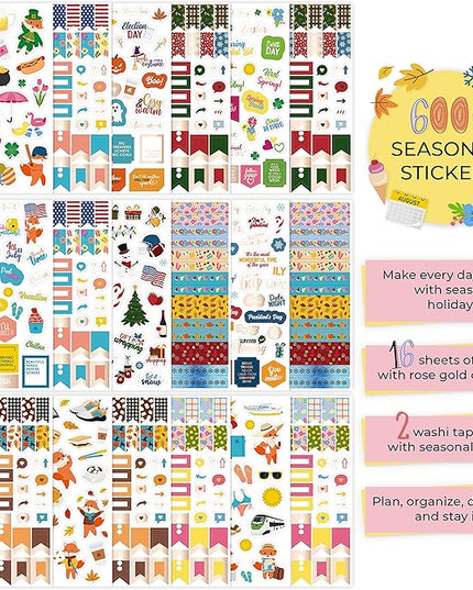 Clever Fox Seasonal Planner Stickers – 600+ Month, Holiday, Washi Tape & Seasons Stickers for Monthly Journal & Calendar – 18 Sheets (Seasonal Pack)