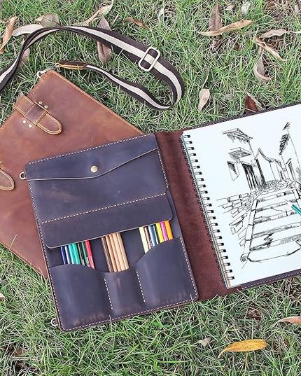 Robrasim Handmade Leather Sketchbook Cover, Artist Sketch Pad Holder for 9"X12" Sketchbook, Drawing Book and Pencil Case, Journal Notebook Portfolio with Shoulder Strap, Artist Gifts, Coffee