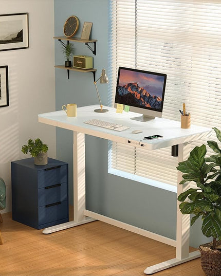 SANODESK Standing Desk with Drawer, Electric Height Adjustable Home Office Desk with Storage & USB Ports, 48 inch Tempered Glass Tabletop/White Frame