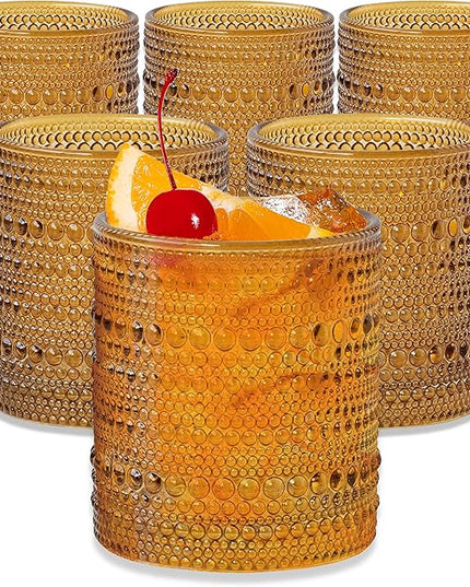 Kate Aspen Beaded Amber Drinking Glasses Set of 6-10 oz Vintage Glassware Set Jupiter Glasses, Cocktail Glass Set, Juice Glass, Water Cups Hostess Gift, Present, Gift for Newlyweds