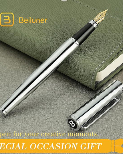 BEILUNER Silver Fountain Pen,Stunning Luxury Pens with Bright Silver Chrome, Gorgeous 24K Gilded Nib(Fine),Gift Pen Set for Men&Women -Ink Converter-Elegant, Professional, Nice Pen for Writing