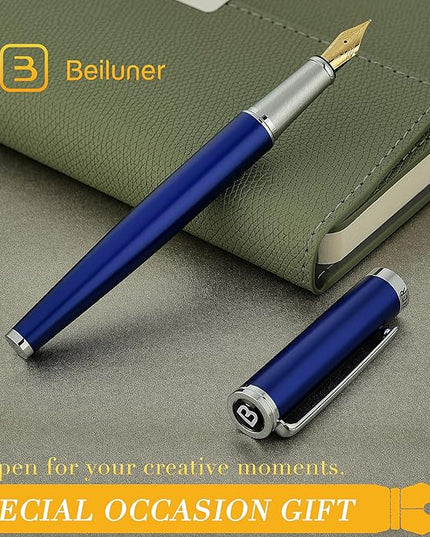 BEILUNER Luxury Fountain Pen Set,Solid 24K Gilded Fine Nib, Modern Classic Limited Edition -Includes 6 Ink Cartridges&Ink Refill Converter with Gift Case-Perfect for Men and Women（Charming blue）