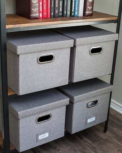 Internet's Best Collapsible File Storage Organizer with Lid - Decorative Linen Filing & Storage Office Box – Hanging Letter/Legal Folder – Home Office Bins Cabinet – Grey Container - 4 Pack