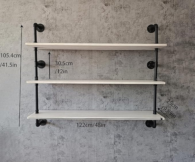 Industrial Pipe Shelving Rustic White Pipe Wall Shelves Industrial Shelves with Wood Planks Floating Shelves 48 Inch Farmhouse Bathroom,Kitchen Shelving Wall Mounted