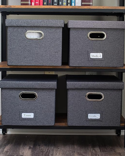 Internet's Best Collapsible File Storage Organizer with Lid - Decorative Linen Filing & Storage Office Box – Hanging Letter/Legal Folder – Home Office Bins Cabinet – Charcoal Container - 6 Pack