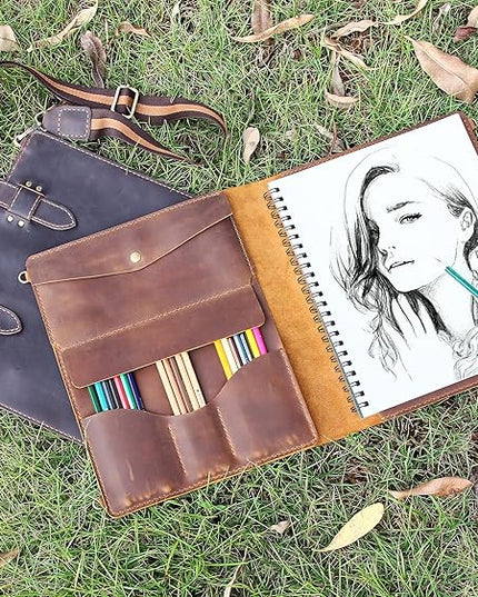 Robrasim Handmade Leather Sketchbook Cover, Artist Sketch Pad Holder for 9"X12" Sketchbook, Drawing Book and Pencil Case, Journal Notebook Portfolio with Shoulder Strap, Artist Gifts, Brown