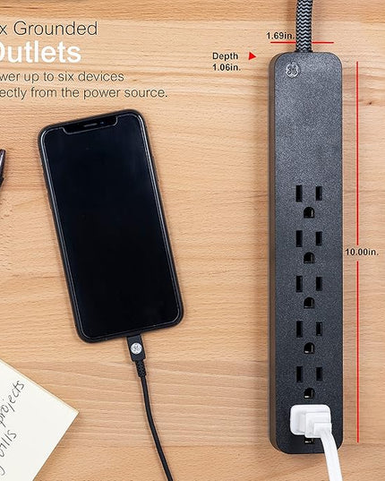 GE UltraPro 6 Outlet Surge Protector, 6 Ft Designer Braided Extension Cord, Flat Plug, Long Power Cord, Wall Mount, Black, 45271