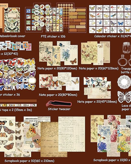 emmoolife Vintage Aesthetic Scrapbooking Supplies Kit, Butterfly Junk Journal Scrapbook Kit with Journaling Supplies, A6 Grid Notebook, Stationery, Birthday Craft Gift Set for Teen Girl Women