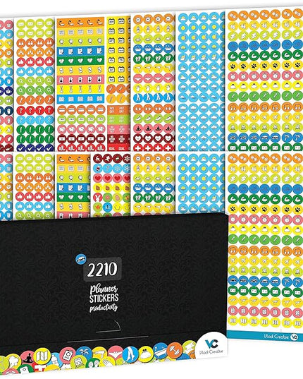 Vladi Creative Mini Planner Stickers - 2210 Pcs, 14 Sheets, Decorative & Productivity-Boosting Colorful Stickers for Journals, Calendars, Scrapbooking, Time Management, & DIY Planner Decoration